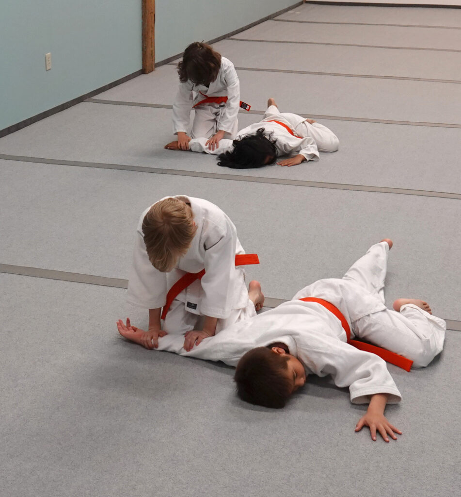 four children wearing Aikido dogi are in pairs on the mat. Two children are practicing pinning the arms of the other two.